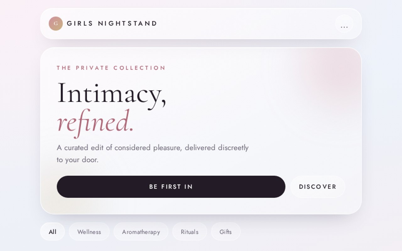 Girls Nightstand website homepage — soft blush hero reading “Intimacy, refined.”